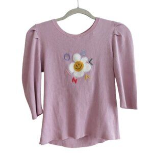 OZLANA Ribbed Puff Sleeve Daisy Embroidered Sweater Top Lilac Pink Size M NWT